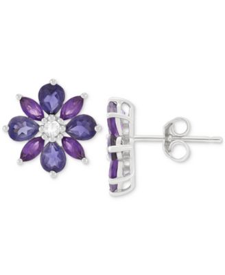 Iolite (1 ct. t.w.), Amethyst (1/2 ct. t.w.) & White Topaz (1/20 ct. t.w) Flower Stud Earrings in Sterling Silver