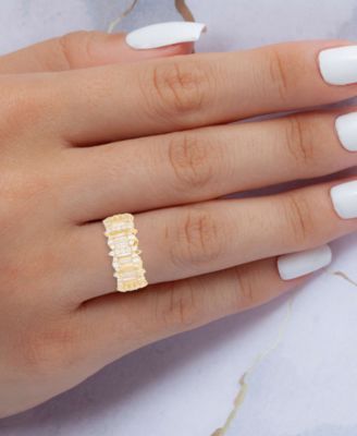 Cubic Zirconia Round & Baguette Horizontal Cluster Ring in 14k Gold-Plated Sterling Silver