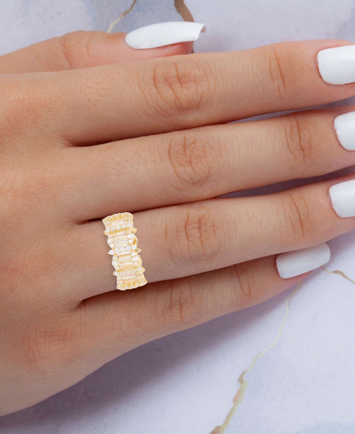 Cubic Zirconia Round & Baguette Horizontal Cluster Ring in 14kPlated Sterling Silver - Gold