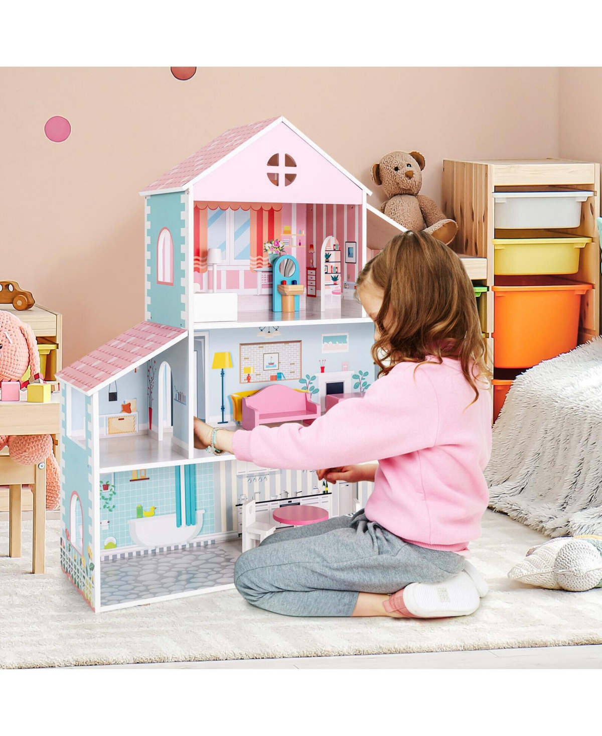 Inolait 3-Tier Toddler Doll House with Furniture Gift for Age over 3