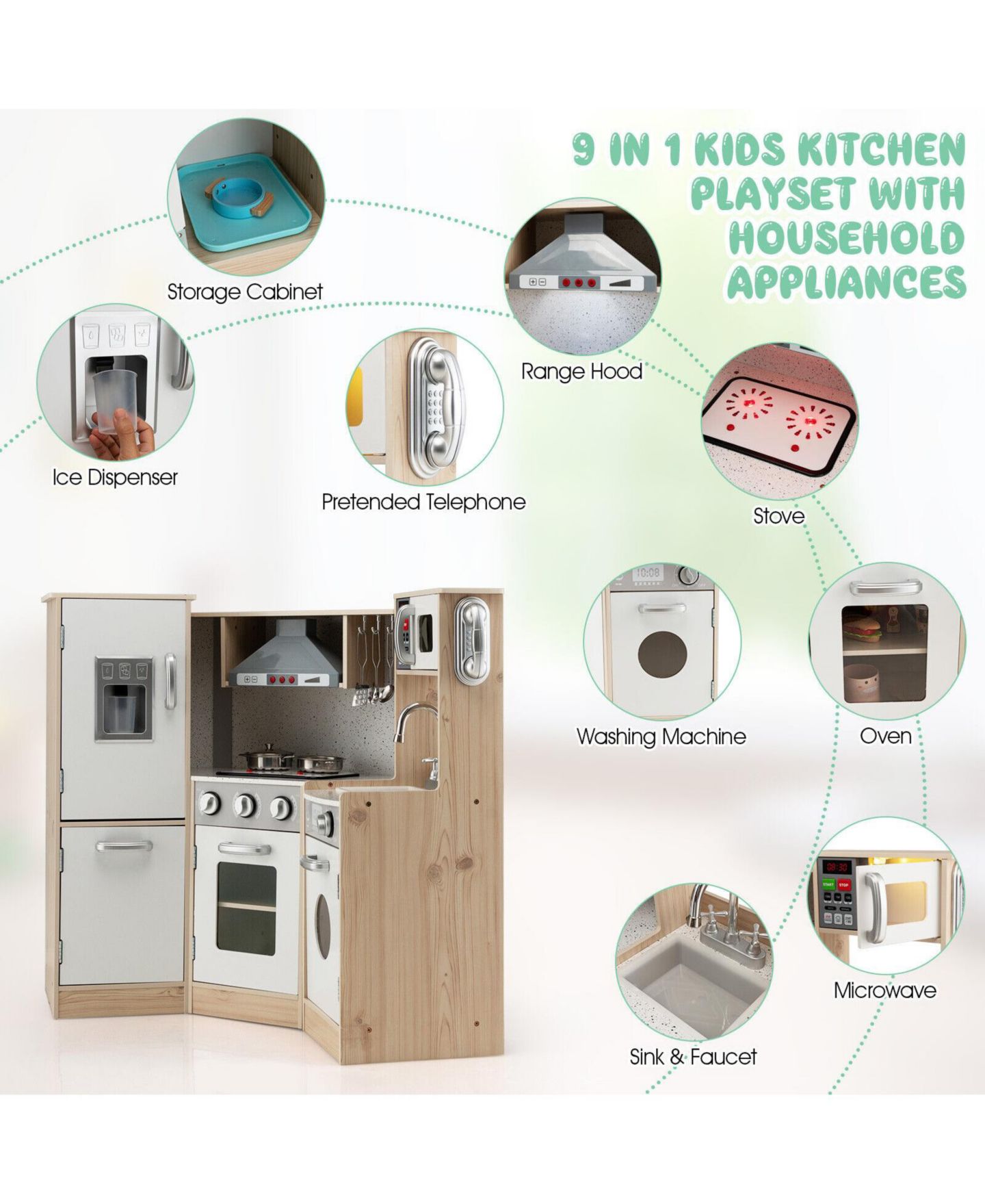 Детский игровой набор SUGIFT Kids Corner Wooden Kitchen Playset with Cookware Accessories, L-Shape Pretend Play Chef Station for Toddlers — фото 2