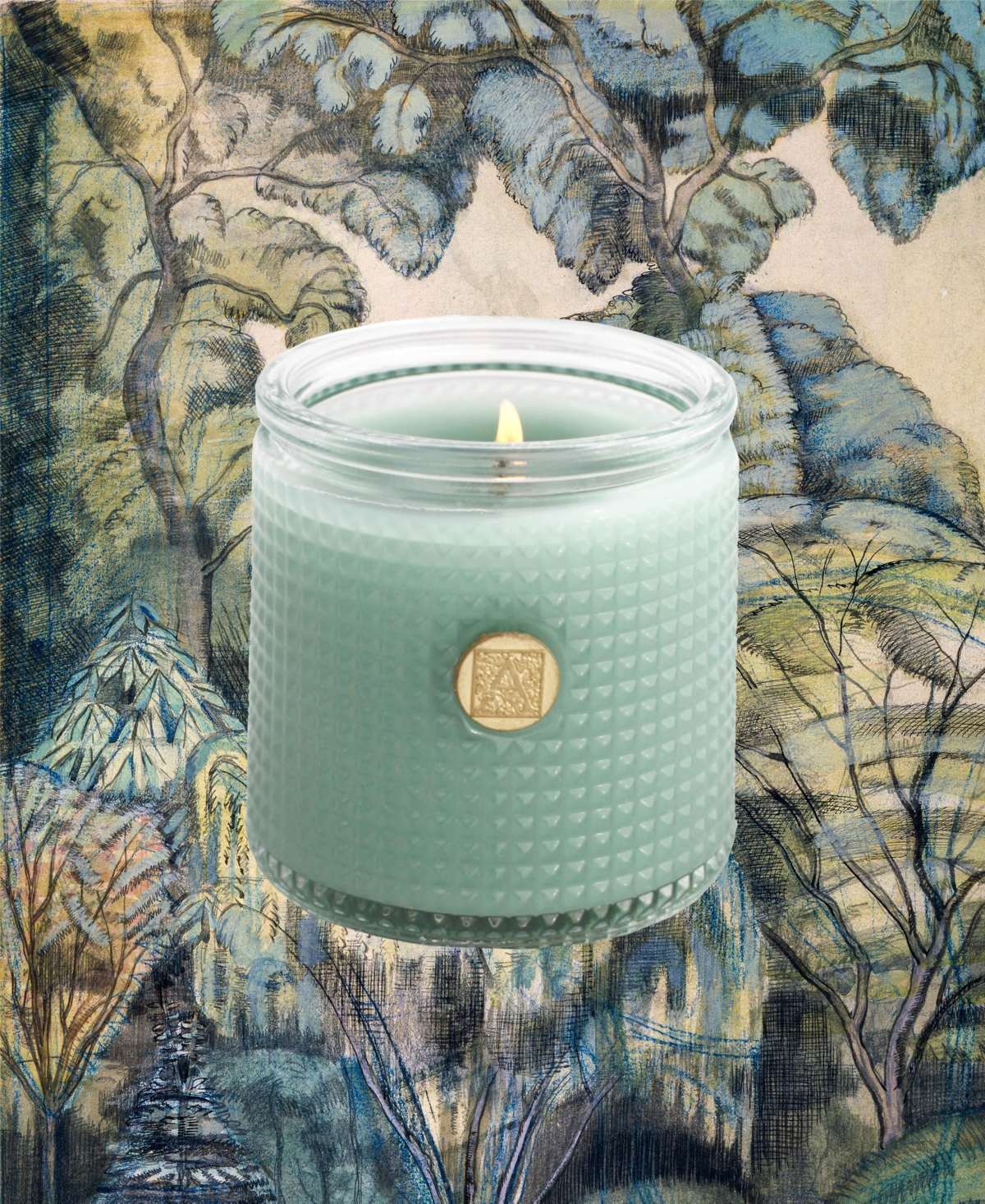 Elegant Essentials Silver-Tone Eucalyptus Textured Glass Candle, 6 oz - Light Blue