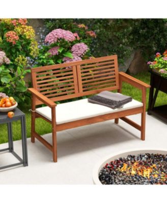 2-Person Solid Wood Patio Bench with Backrest and Cushion