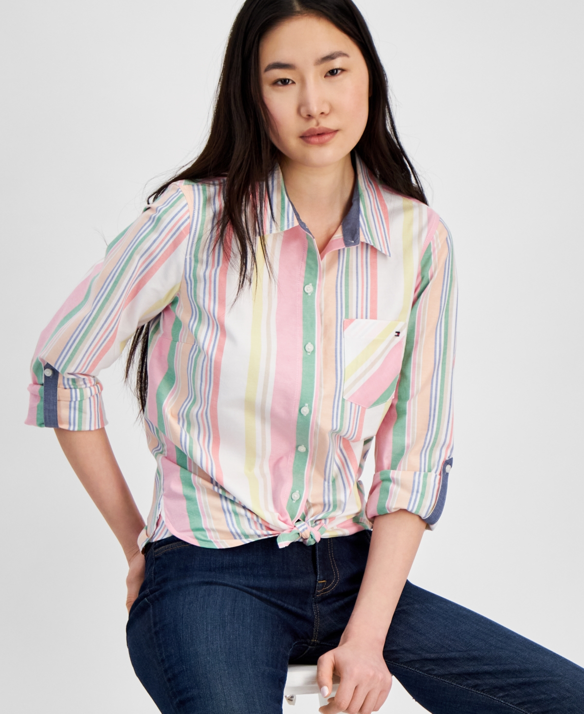 Shop Tommy Hilfiger Women's Cotton Striped Roll-tab Shirt In Dark Pink