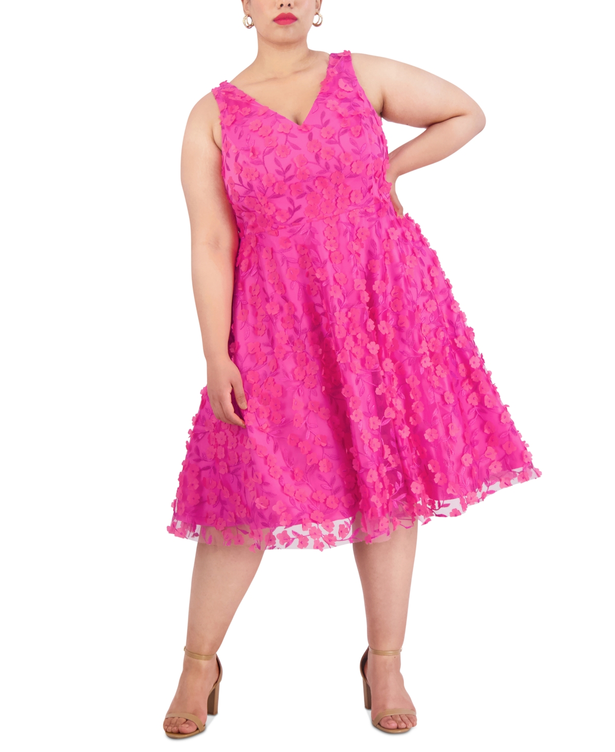 Shop Eliza J Plus Size 3d Floral-applique Fit & Flare Dress In Fuchsia