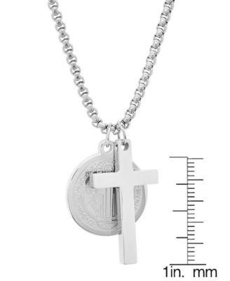 Men's Stainless Steel Cross and St. Benedict Religious 24" Pendant Necklace