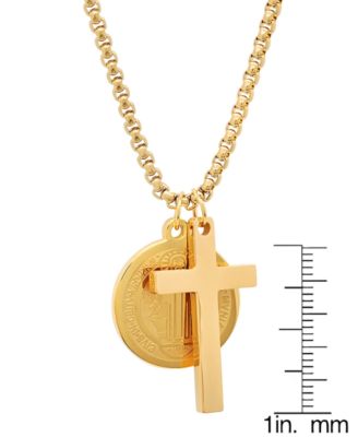 Men's Stainless Steel Cross and St. Benedict Religious 24" Pendant Necklace