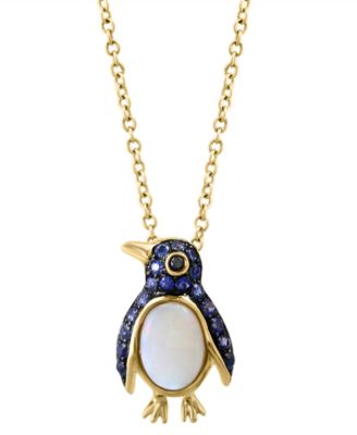 EFFY&reg; Sapphire (1/3 ct. t.w), Opal (1/2 ct. t.w.) & Black Diamond Accent Penguin 18" Pendant Necklace in 14k Gold