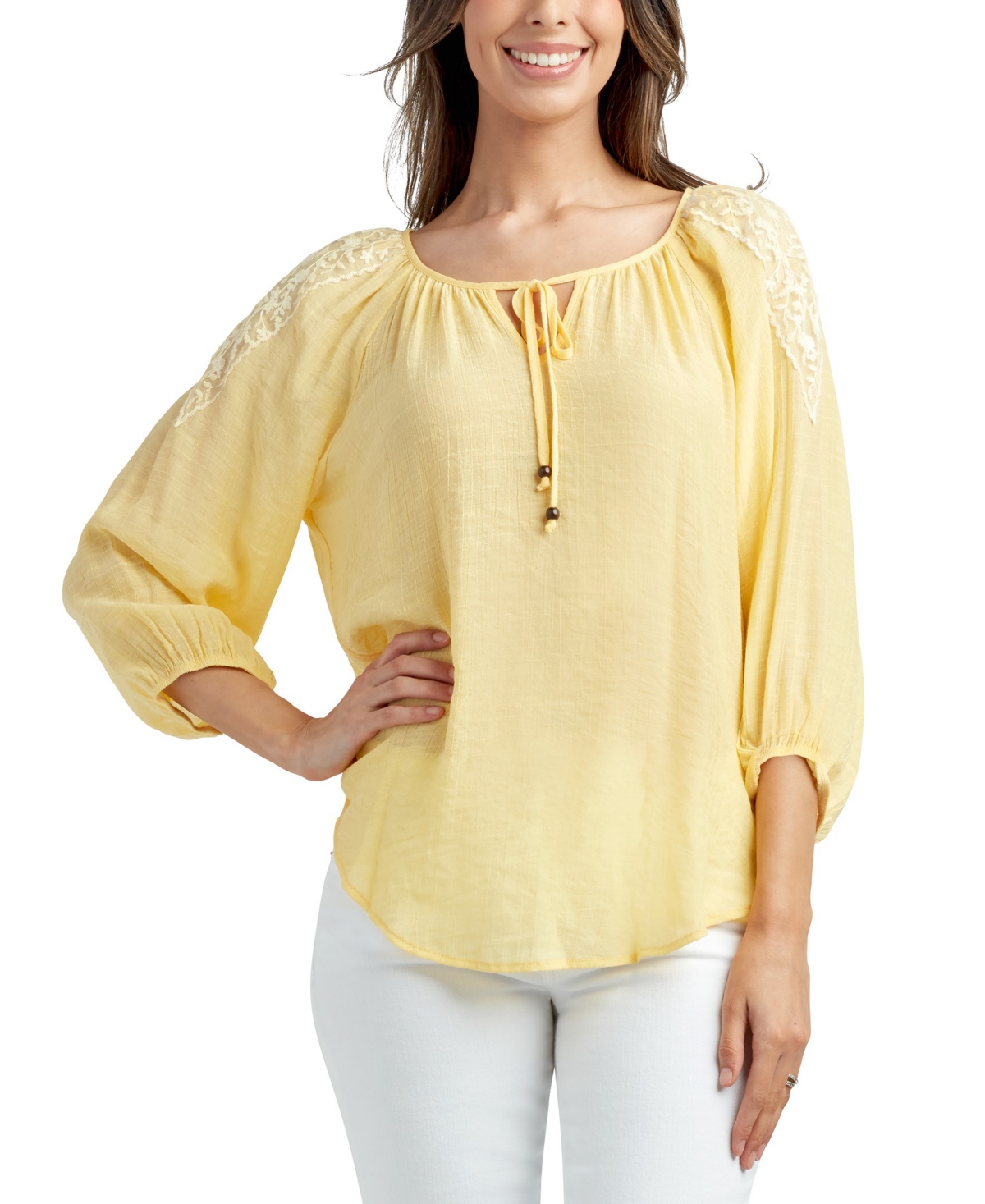 Shop Bcx Juniors' 3/4-sleeve Embellished-shoulder Top In Yellow