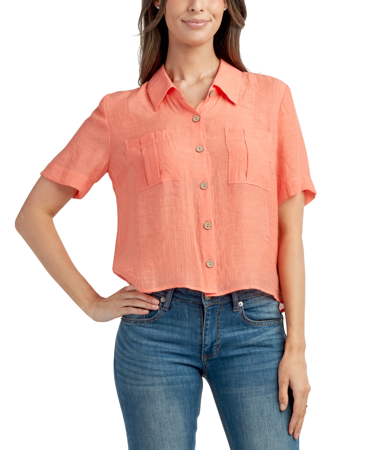 Shop Bcx Juniors' Boxy Drop-shoulder Button-front Shirt In Coral