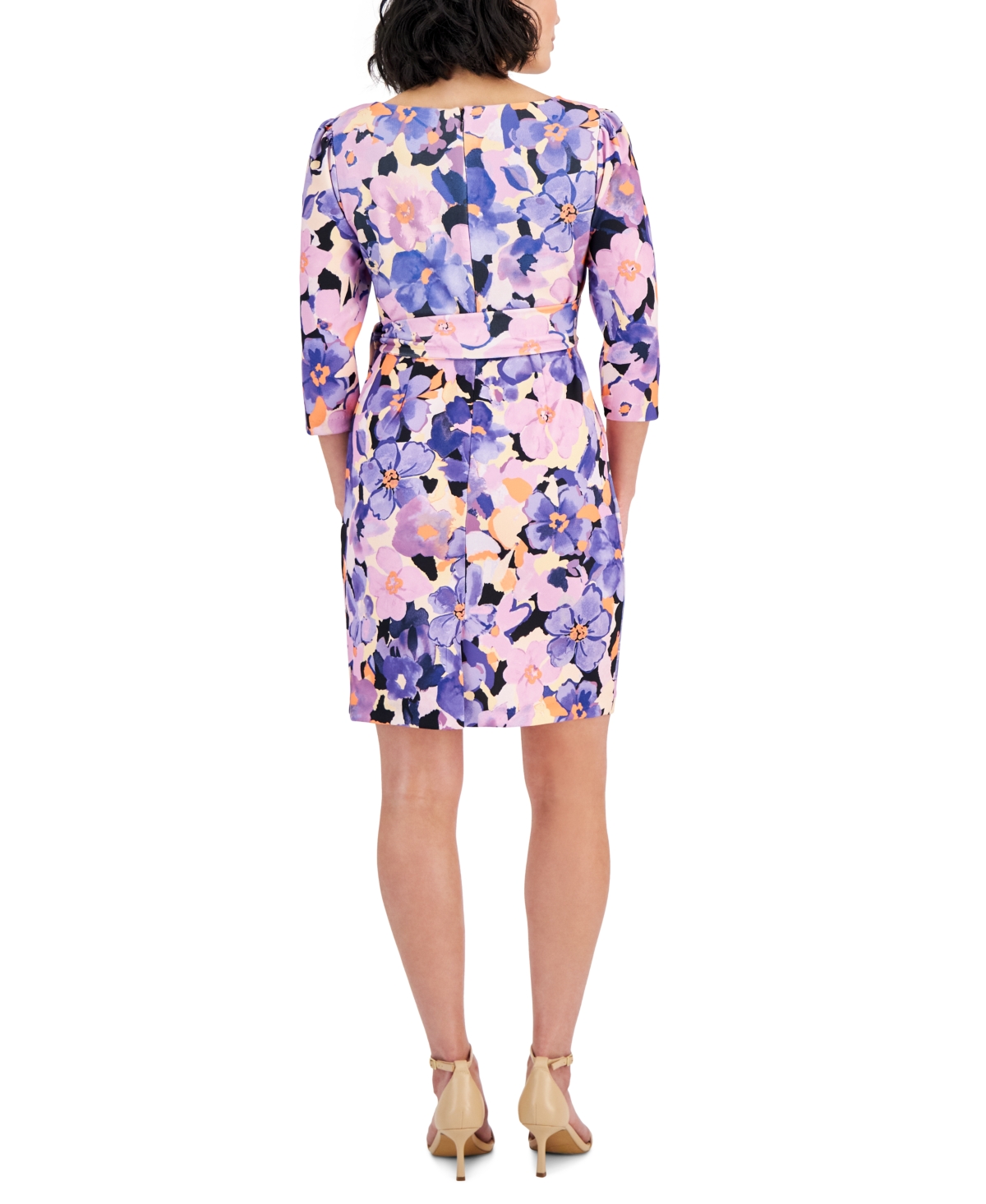 Shop Tahari Petite Printed Elbow-sleeve Side-twist Dress In Lavender Multi
