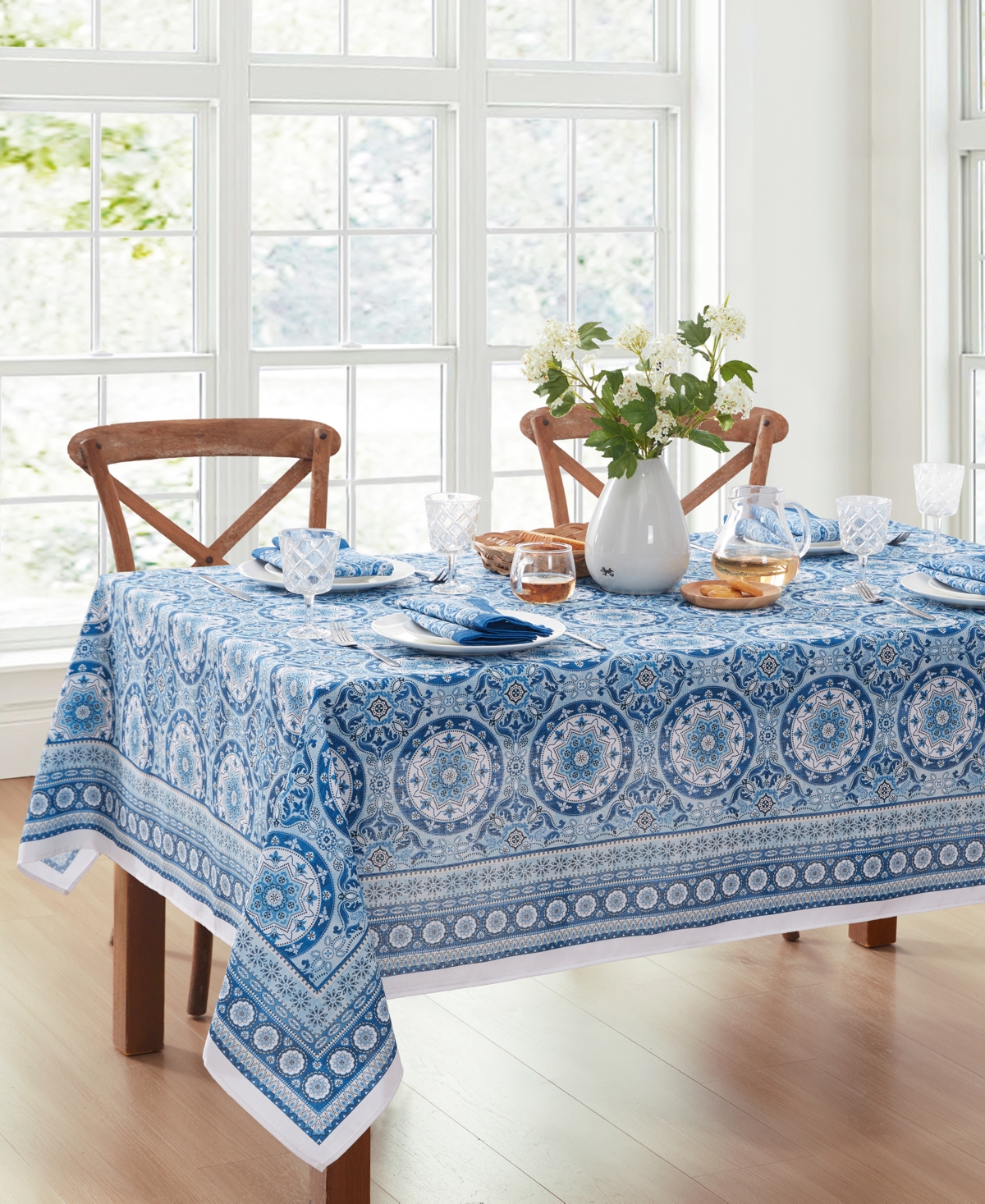 Shop Elrene Vietri Medallion Block Print Stain Water Resistant Indoor And Outdoor Tablecloth, 60" X 102" Rectang In Multi
