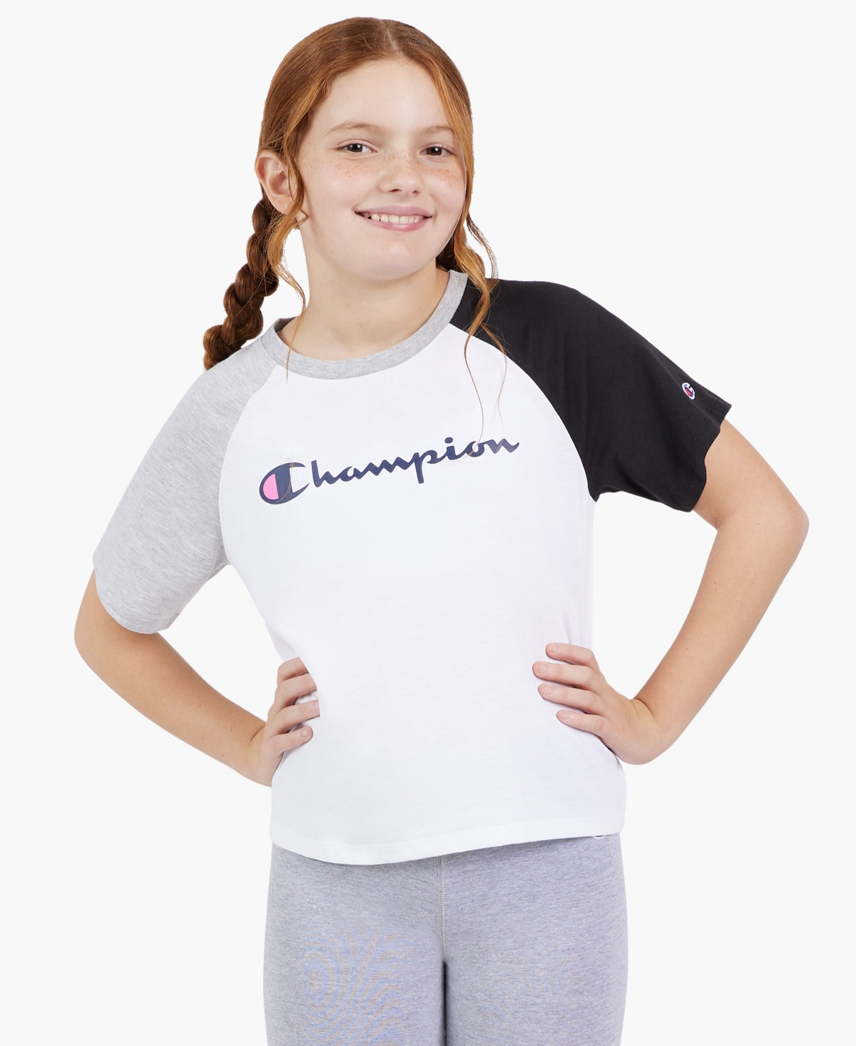 Shop Champion Big Girls Colorblock Meet Greet Crewneck T-shirt In White