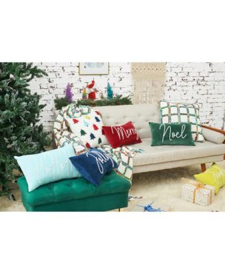 "Noel" Green Velvet Beaded 100% Cotton Mini Christmas Accent Pillow