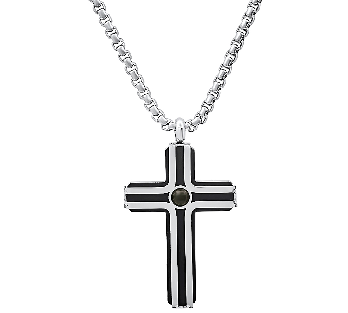 Shop Steeltime Men's Silver-tone Beaded Cross Pendant Necklace, 24" In Black,silver