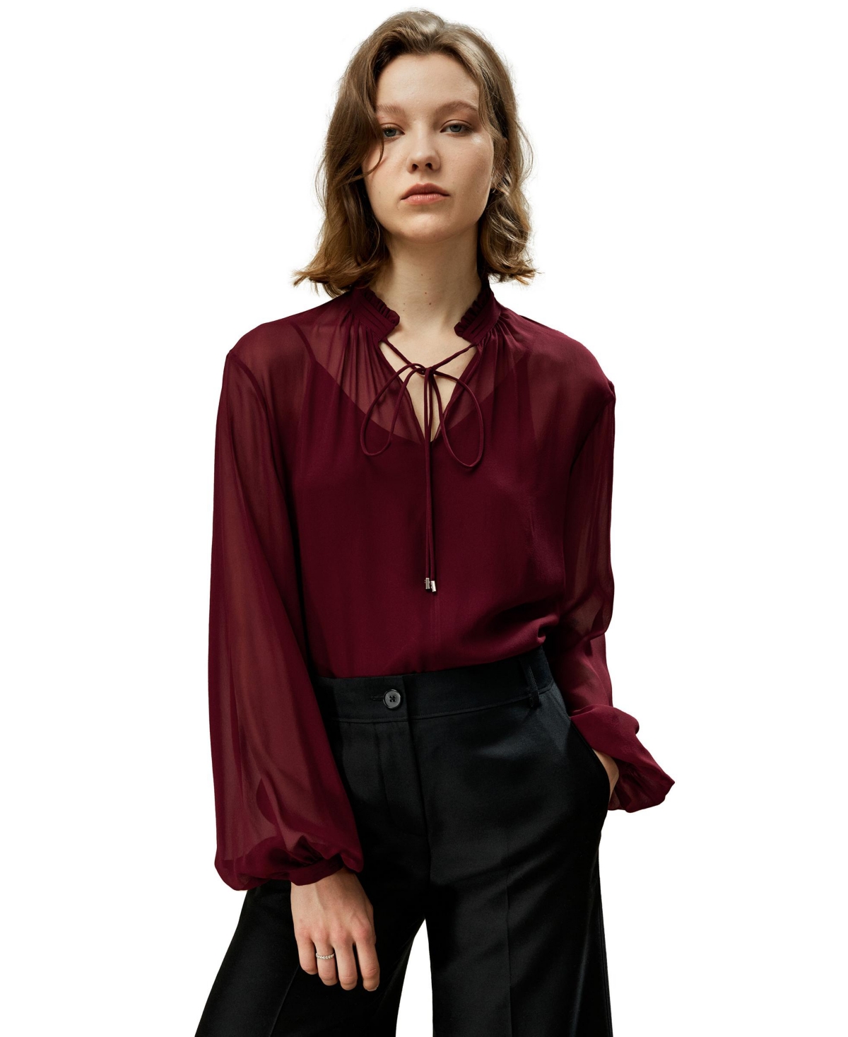 Tie Front Drawstring Georgette Blouse for Women - Oxblood