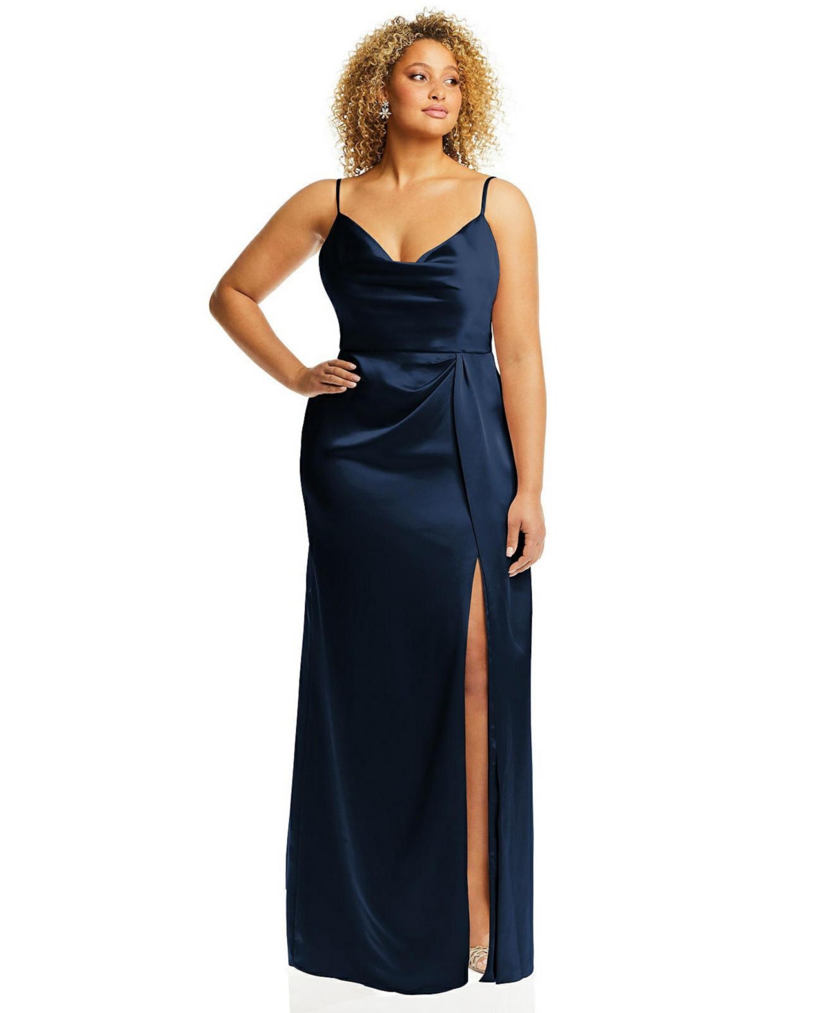 Womens Cowl-Neck Draped Wrap Maxi Dress with Front Slit - Midnight navy