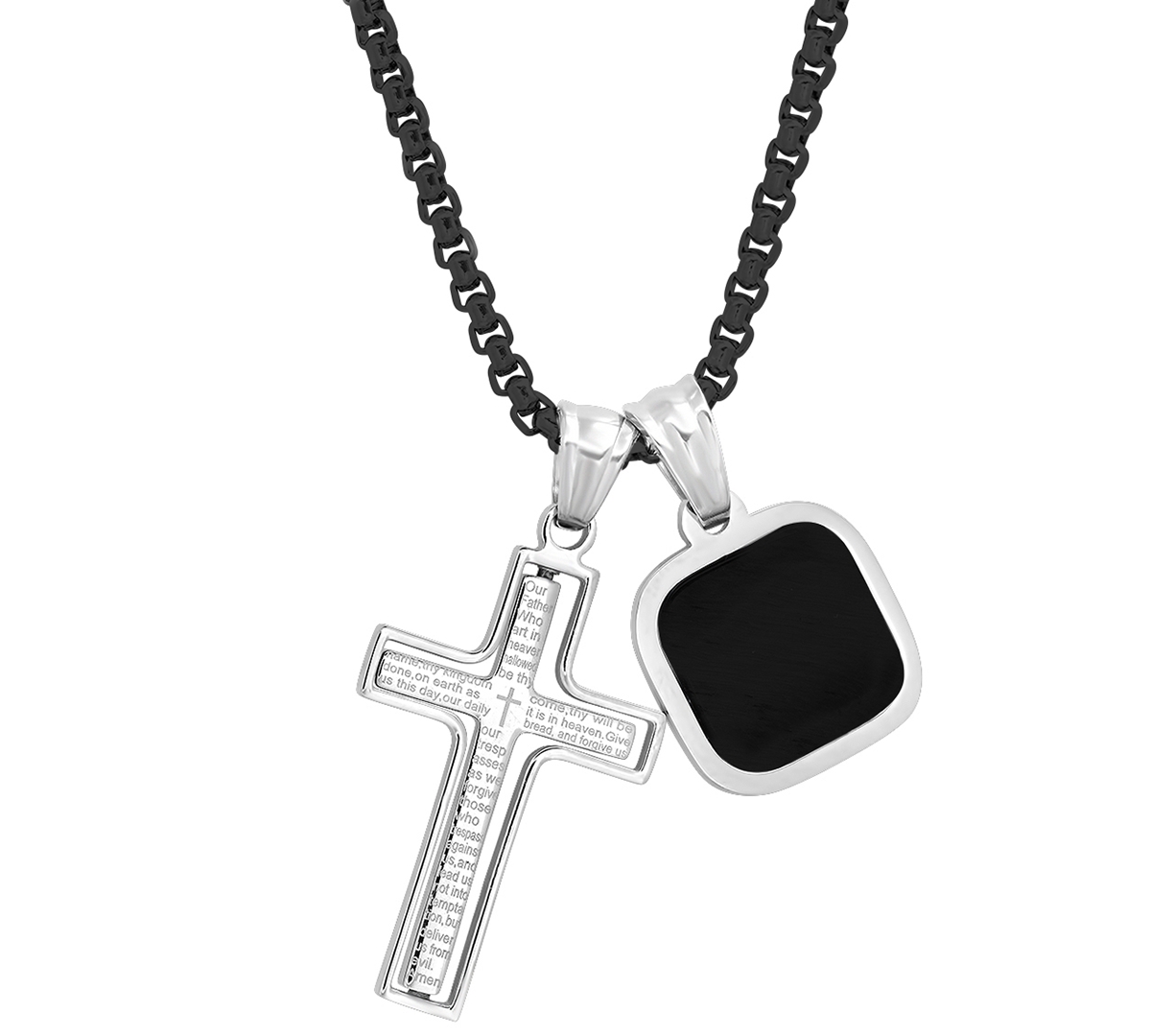 Shop Steeltime Men's Silver-tone Our Father English Prayer Spinning Cross & Square Pendant Necklace, 24" In Black,silver