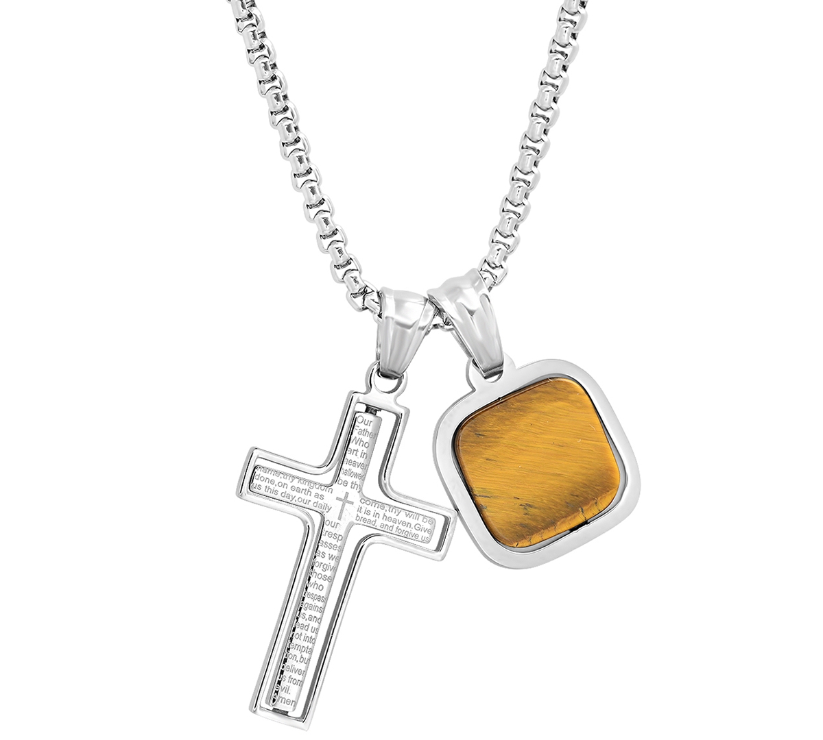 Shop Steeltime Men's Silver-tone Our Father English Prayer Spinning Cross & Square Pendant Necklace, 24"