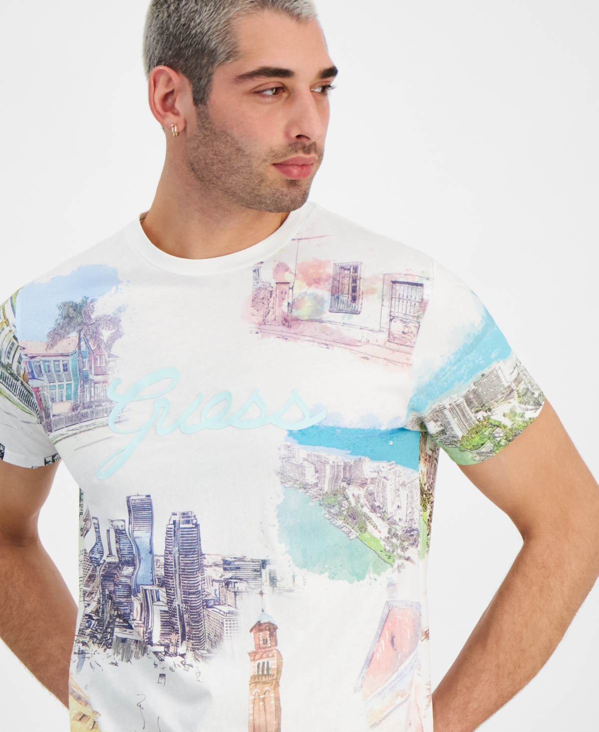 Shop Guess Men's Regular-fit Riviera Graphic T-shirt In Salt White Multi