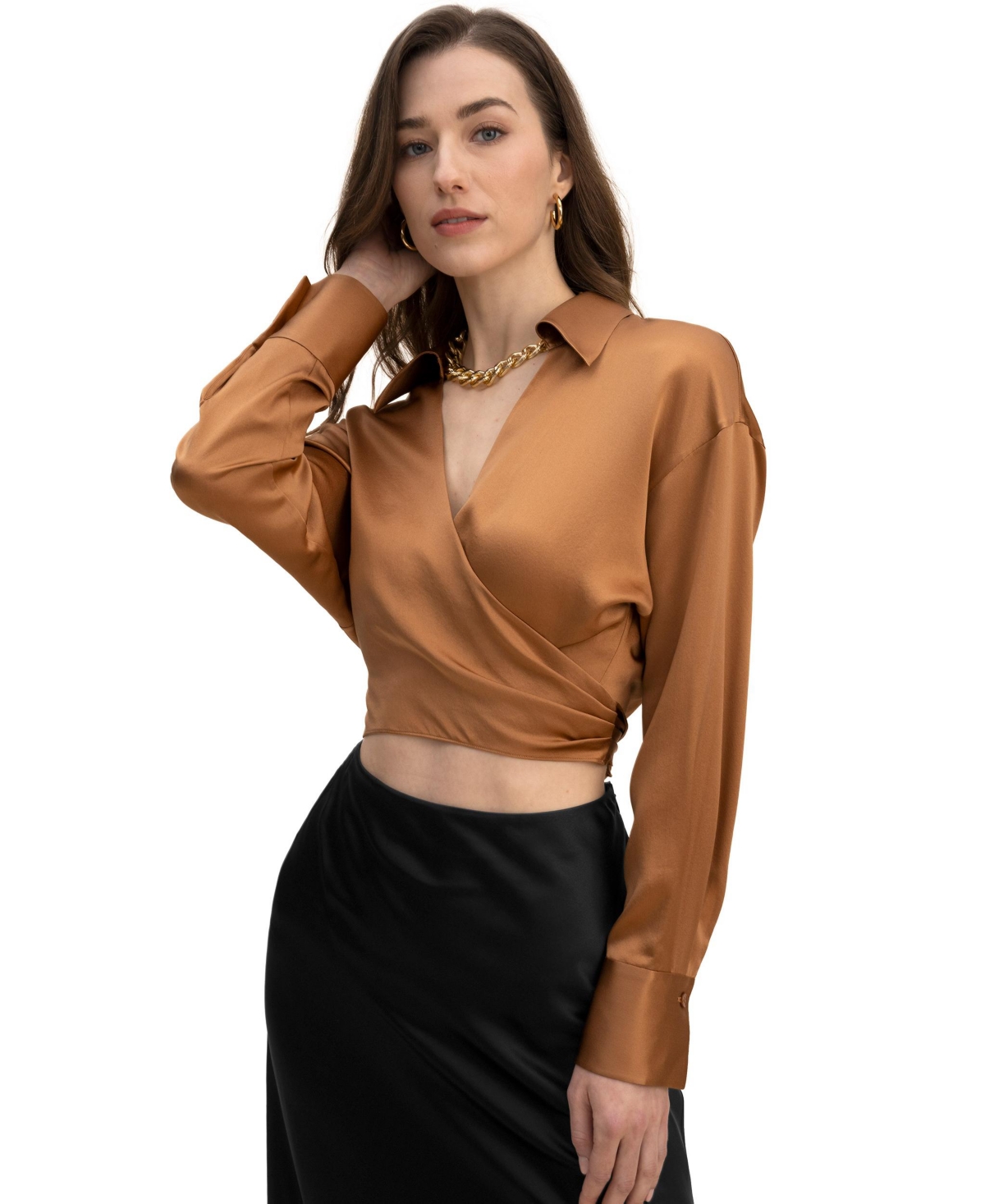 Pure Silk Blouse for Women Wrapover Cropped Shirt - Toasted chestnut