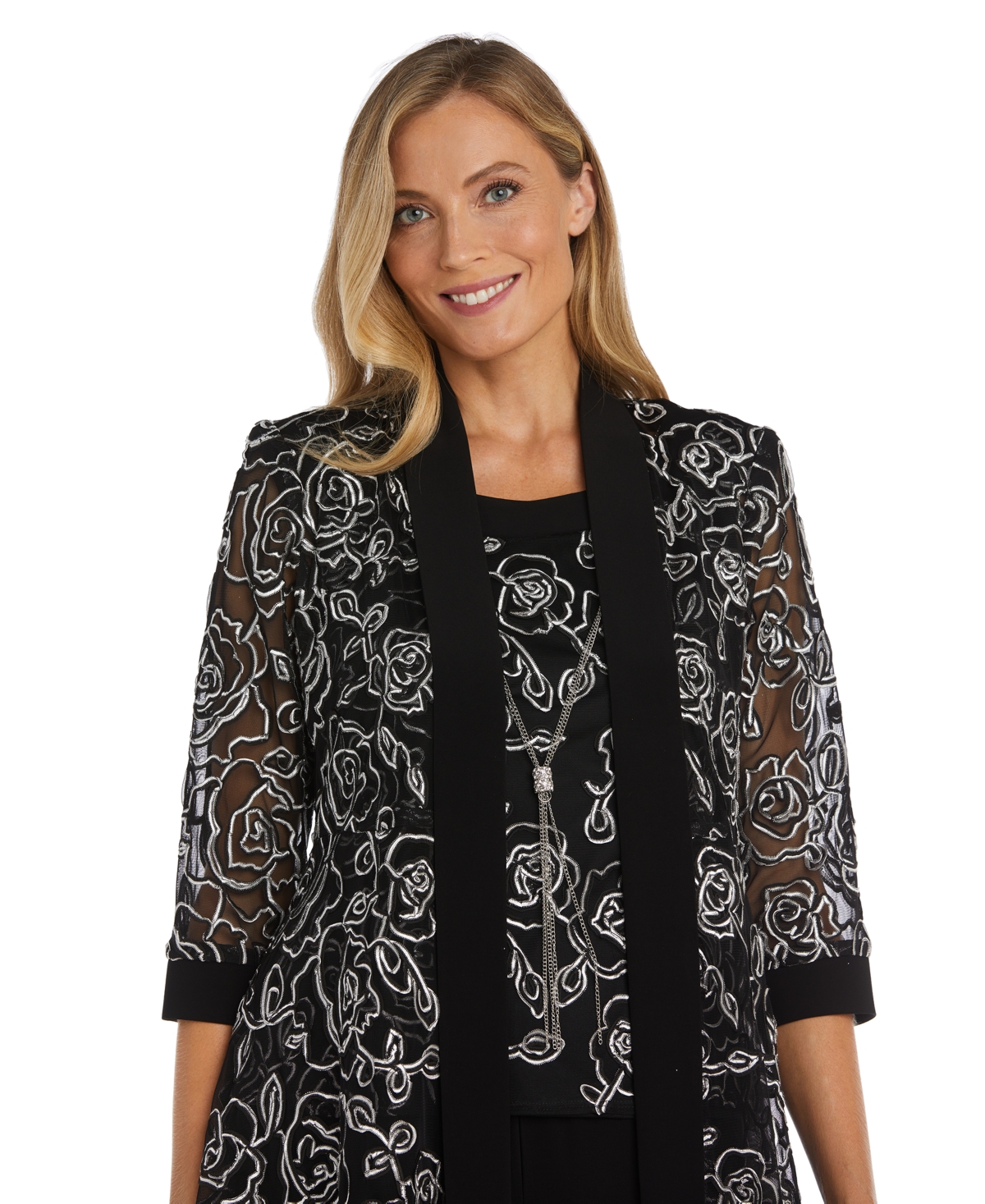 Shop R & M Richards Petite 2-pc. Embroidered Jacket & Pant Set In Black,white