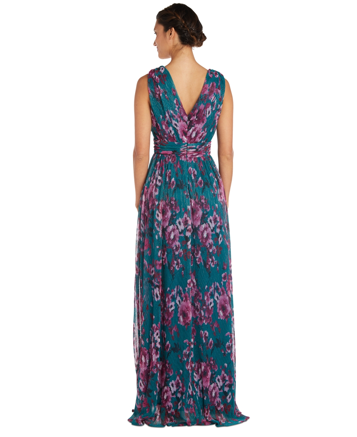 Shop R & M Richards Women's Metallic Floral Print Sleeveless Gown In Teal