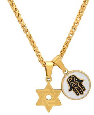 Men's 18K Gold Plated Star of David & Hamsa Round Pendant Necklace, 24"