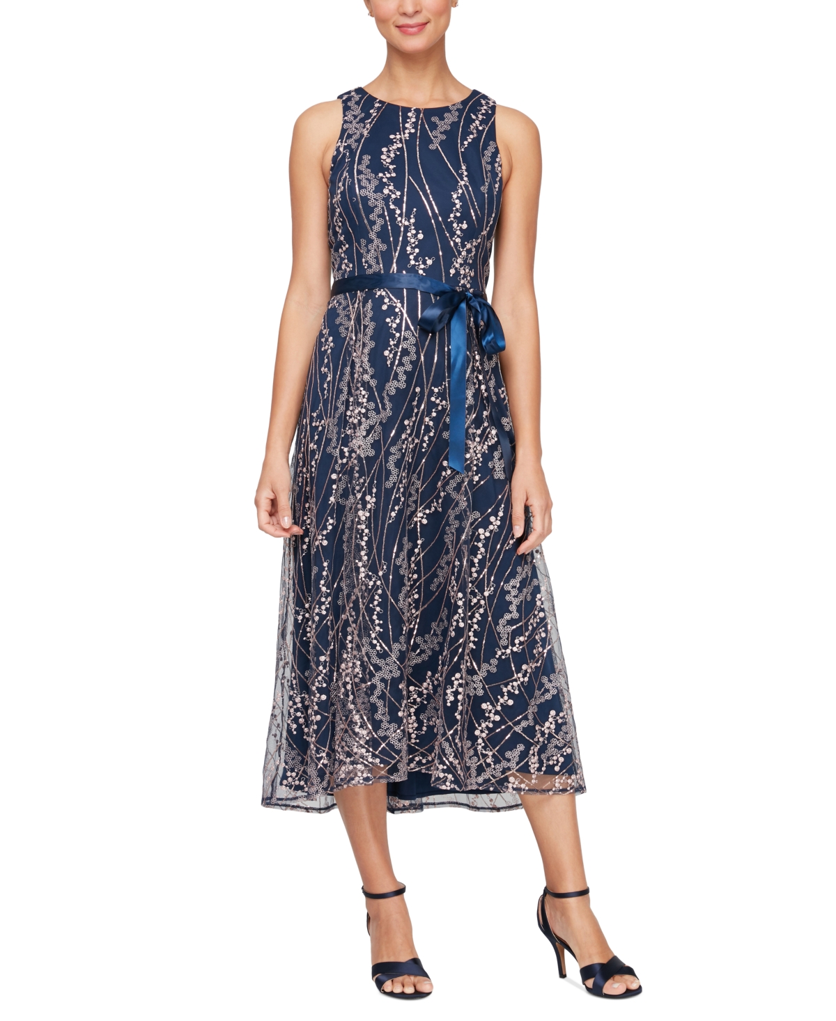 Shop Alex Evenings Women's Metallic Floral Embroidered Sleeveless Midi Dress In Navy,pink