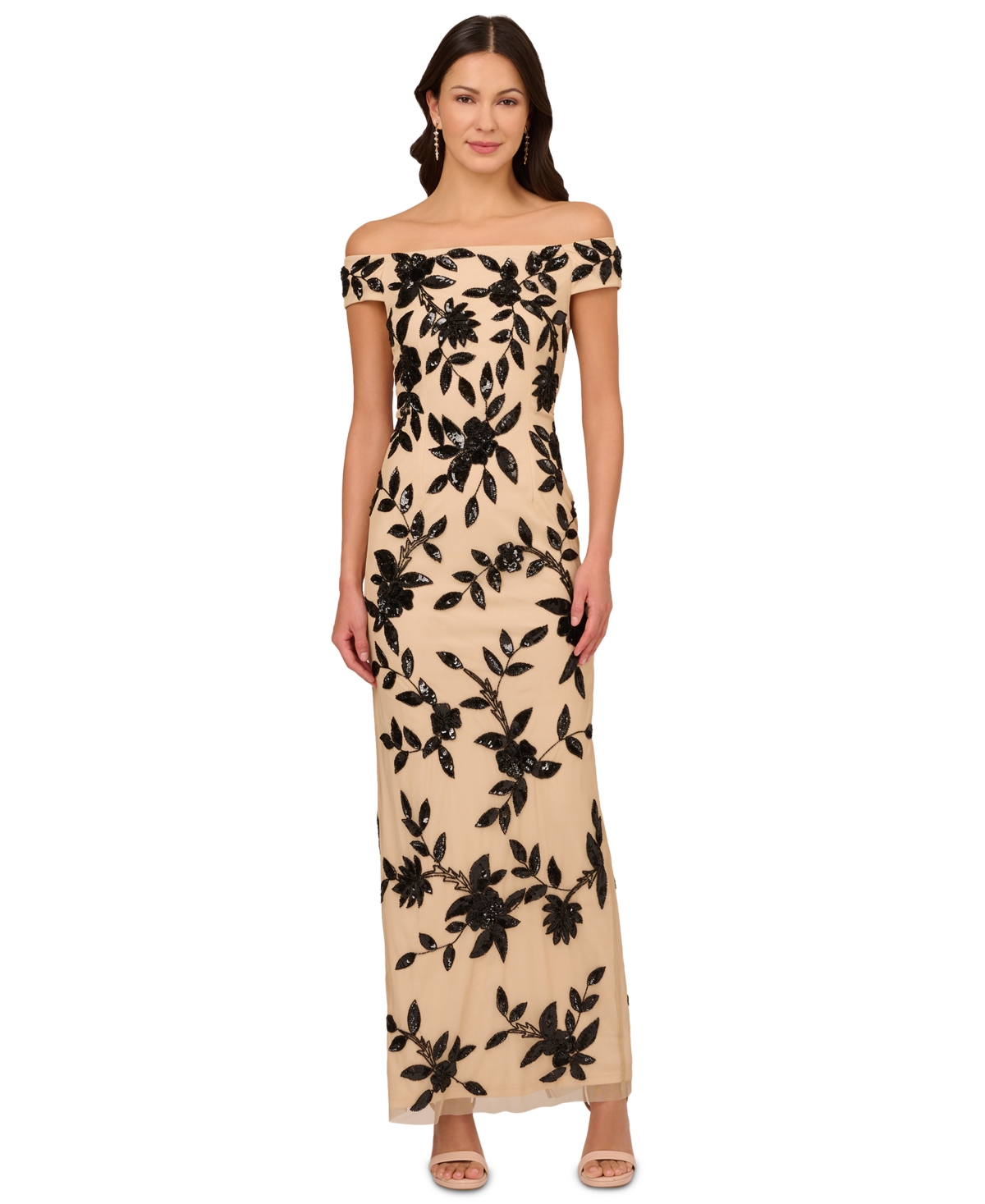 Shop Adrianna Papell Women's Beaded Mesh Off-the-shoulder Gown In Black Nude