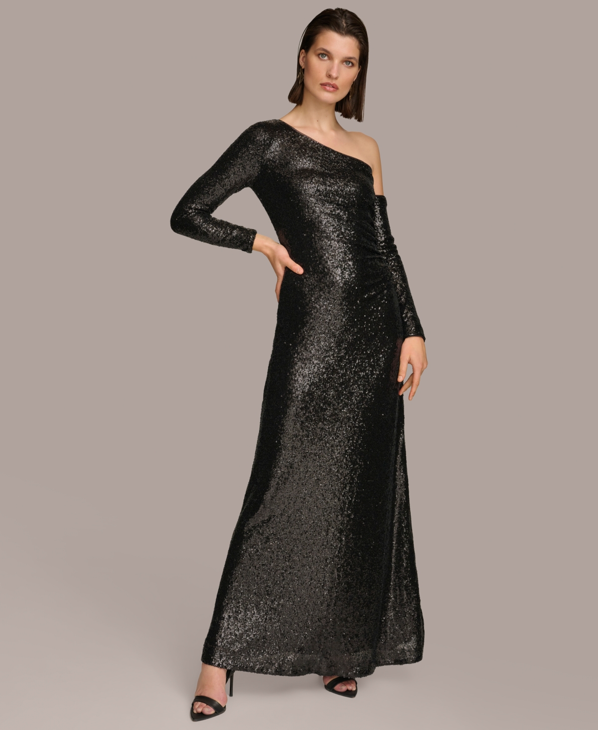 Donna Karan Women's Sequin One-shoulder Gown Dress In Black