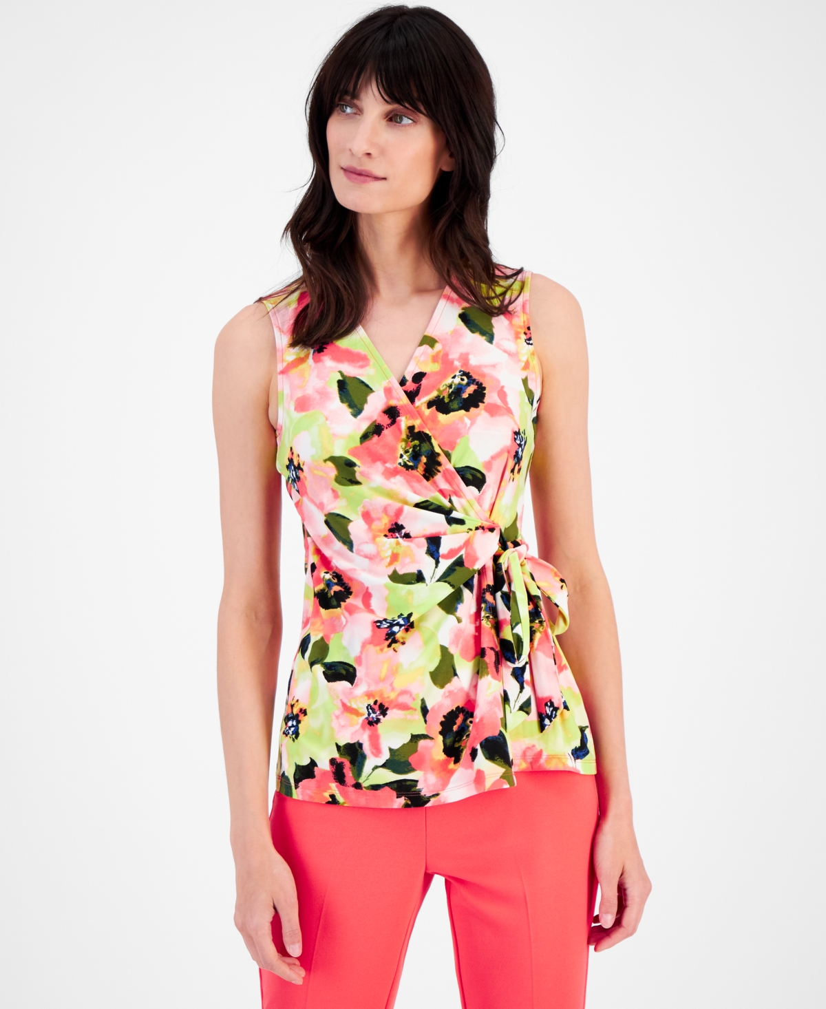 Petite Floral-Print Sleeveless Wrap Top - Red Pear