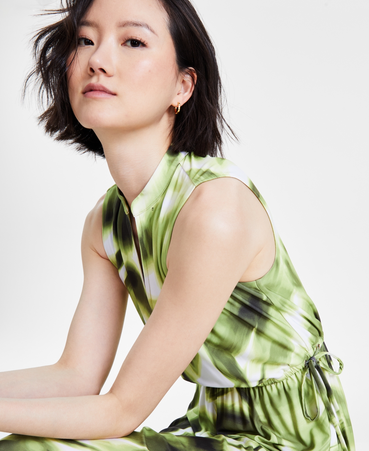 Shop Anne Klein Women's Jenna Blurry-print Drawstring-waist Dress In Bright White,sprout