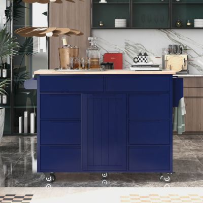 8-Drawer Kitchen Cart with Rubber Wood Countertop