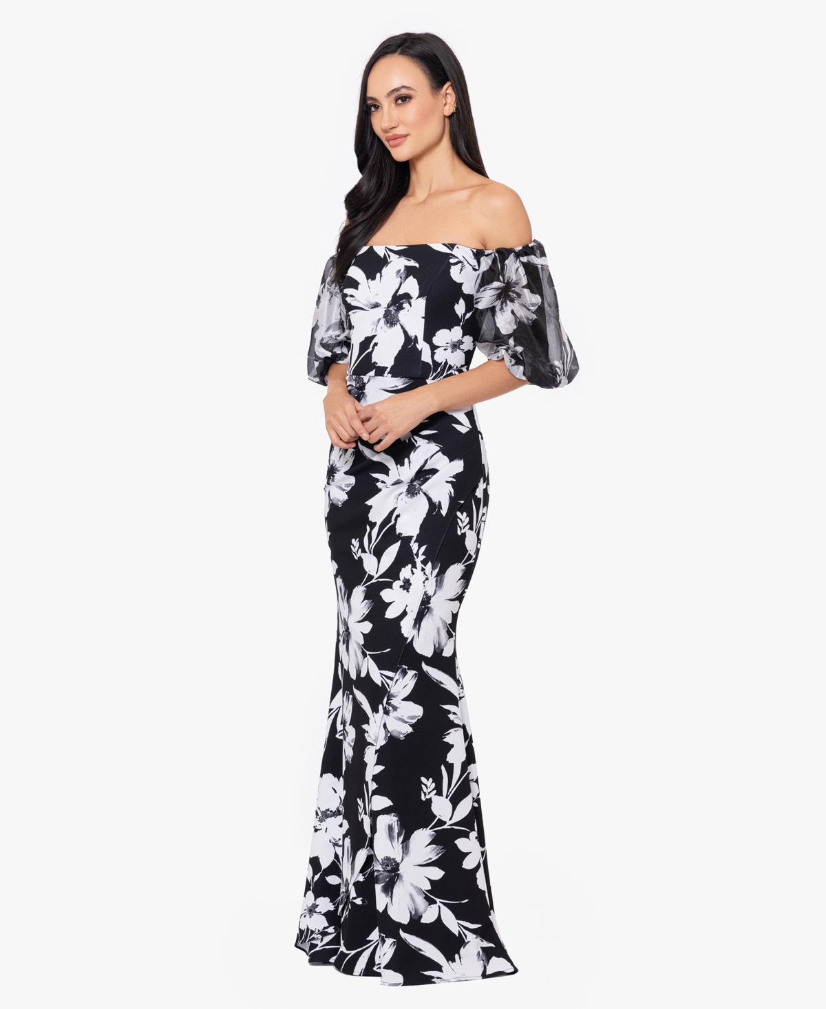 Shop Xscape Petite Floral-print Off-the-shoulder Gown In Black,white