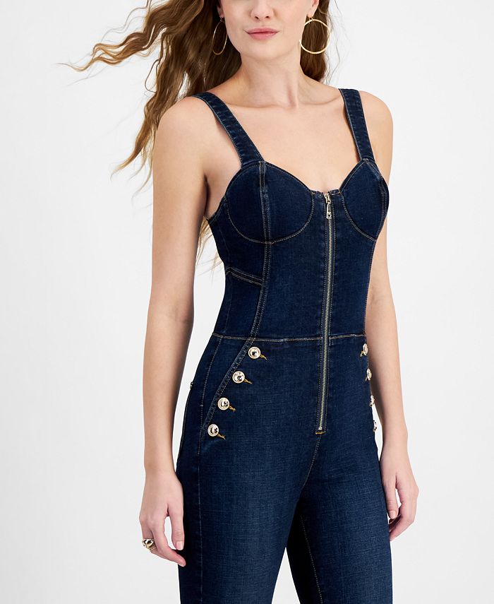 GUESS Women's Janae Zipper-Front Button-Trim Denim Jumpsuit - Macy's