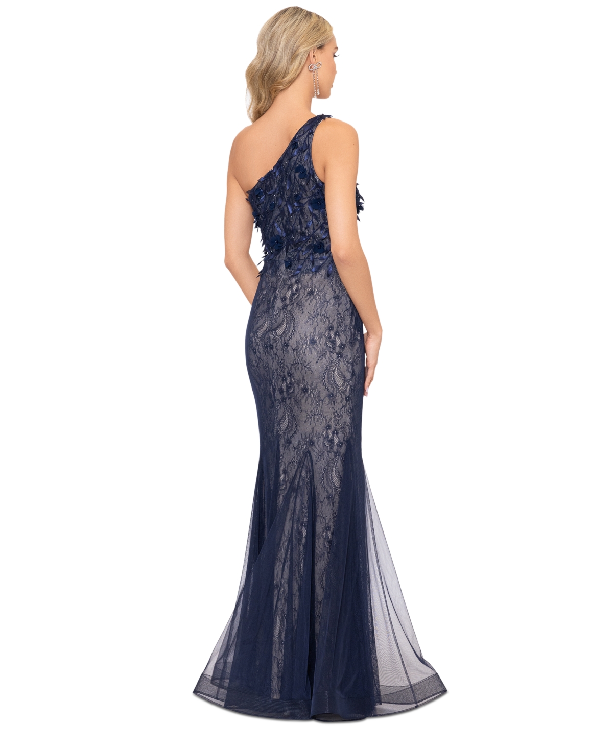 Shop Xscape Women's Lace Mesh One-shoulder Gown In Navy,champagne