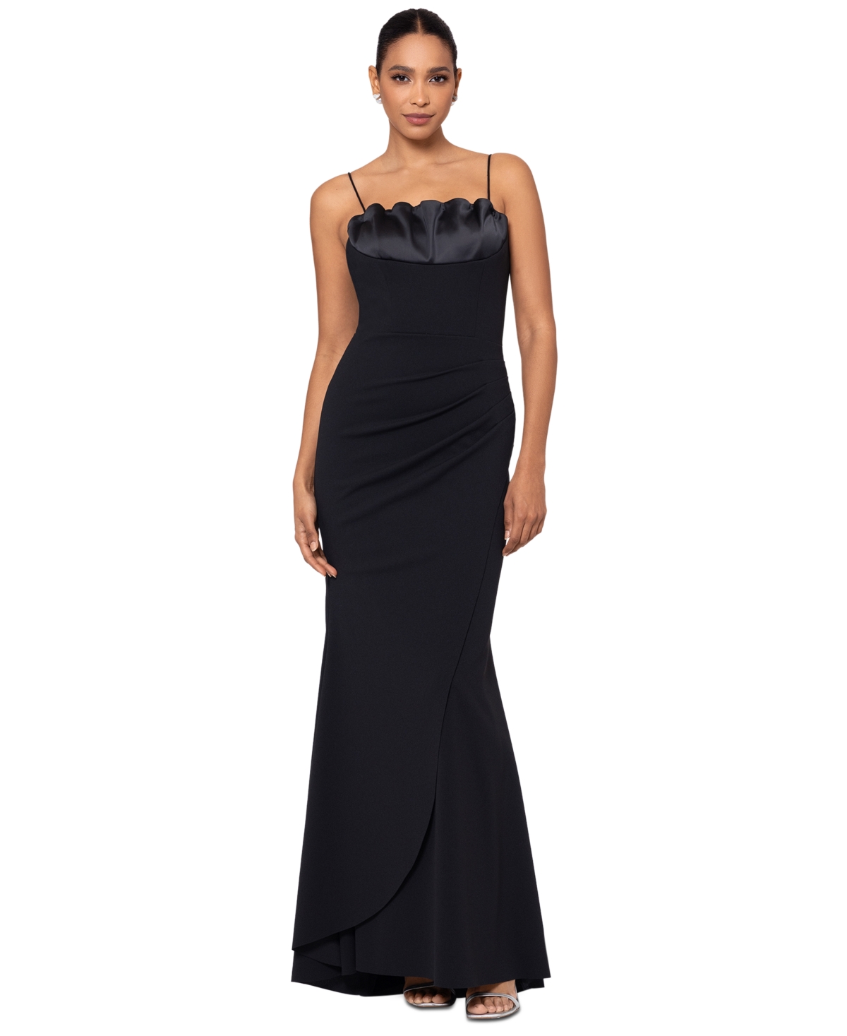 Xscape Women's Satin-trim Ruched Gown In Black