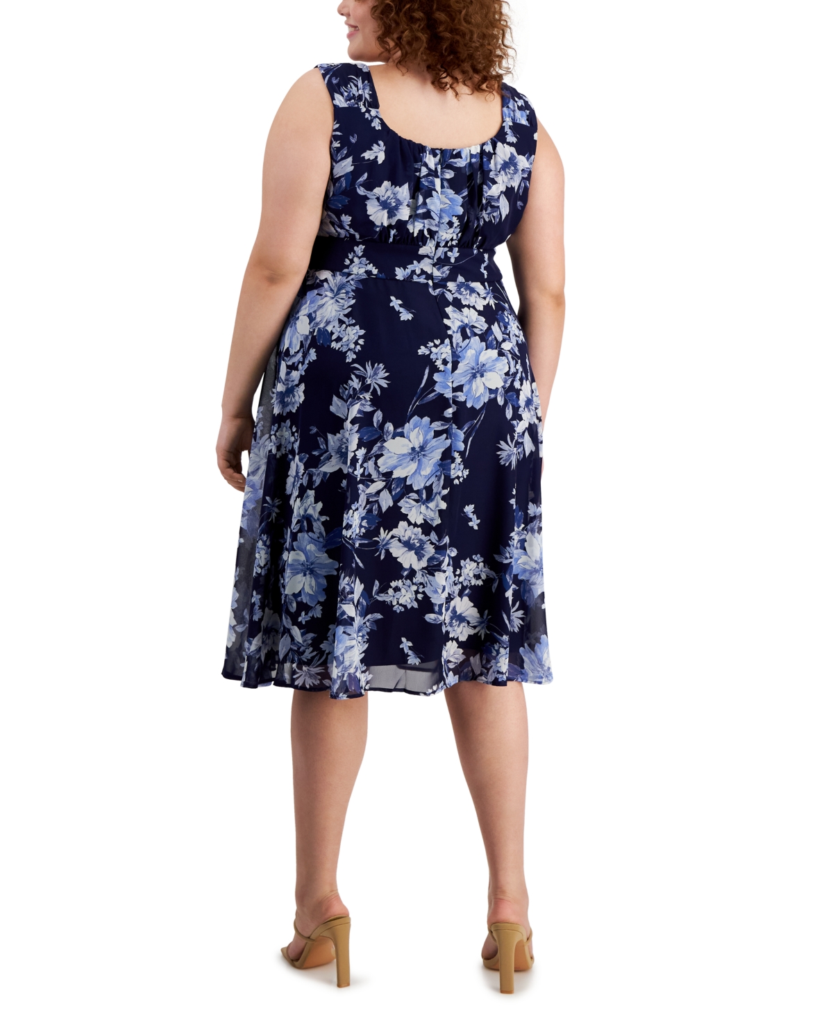 Shop Connected Plus Size Printed Ruched-bodice Sleeveless Dress In Nvy