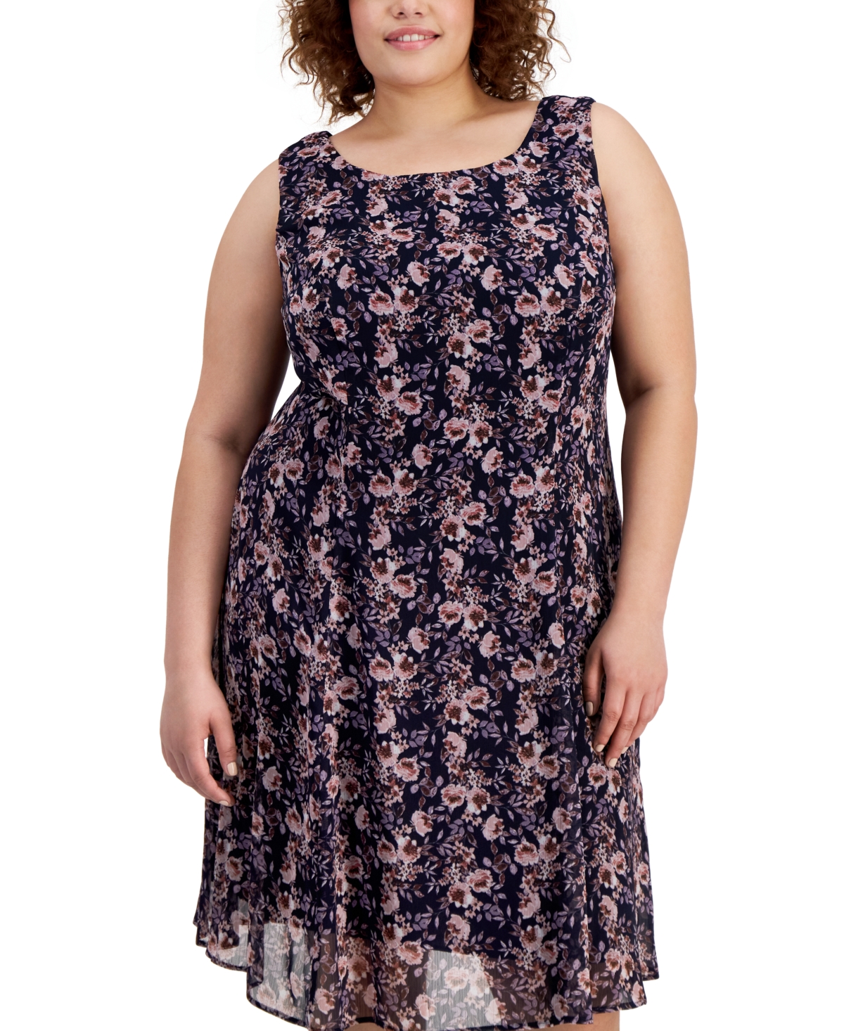 Shop Connected Plus Size Jacket & Floral-print Round-neck Dress In Navy Multi
