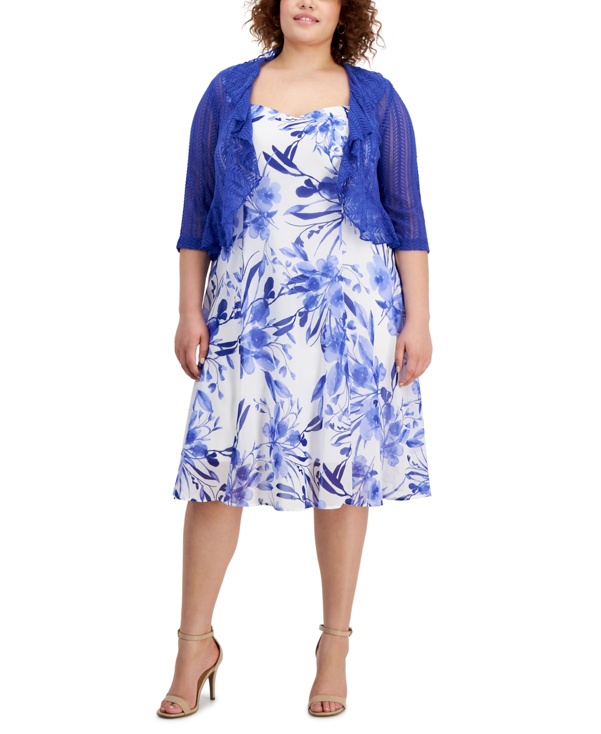Shop Connected Plus Size Lace Cardigan And Floral-print Dress In Cobalt