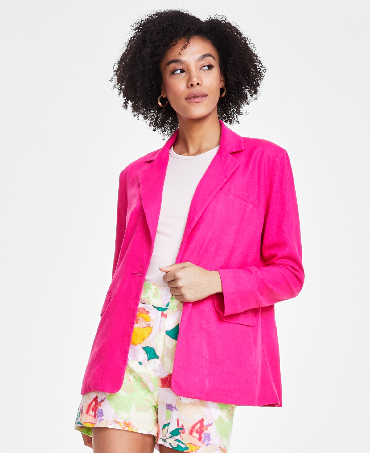 Shop Bar Iii Women's One-button Linen Blend Blazer, Created For Macy's In Pink Peacock