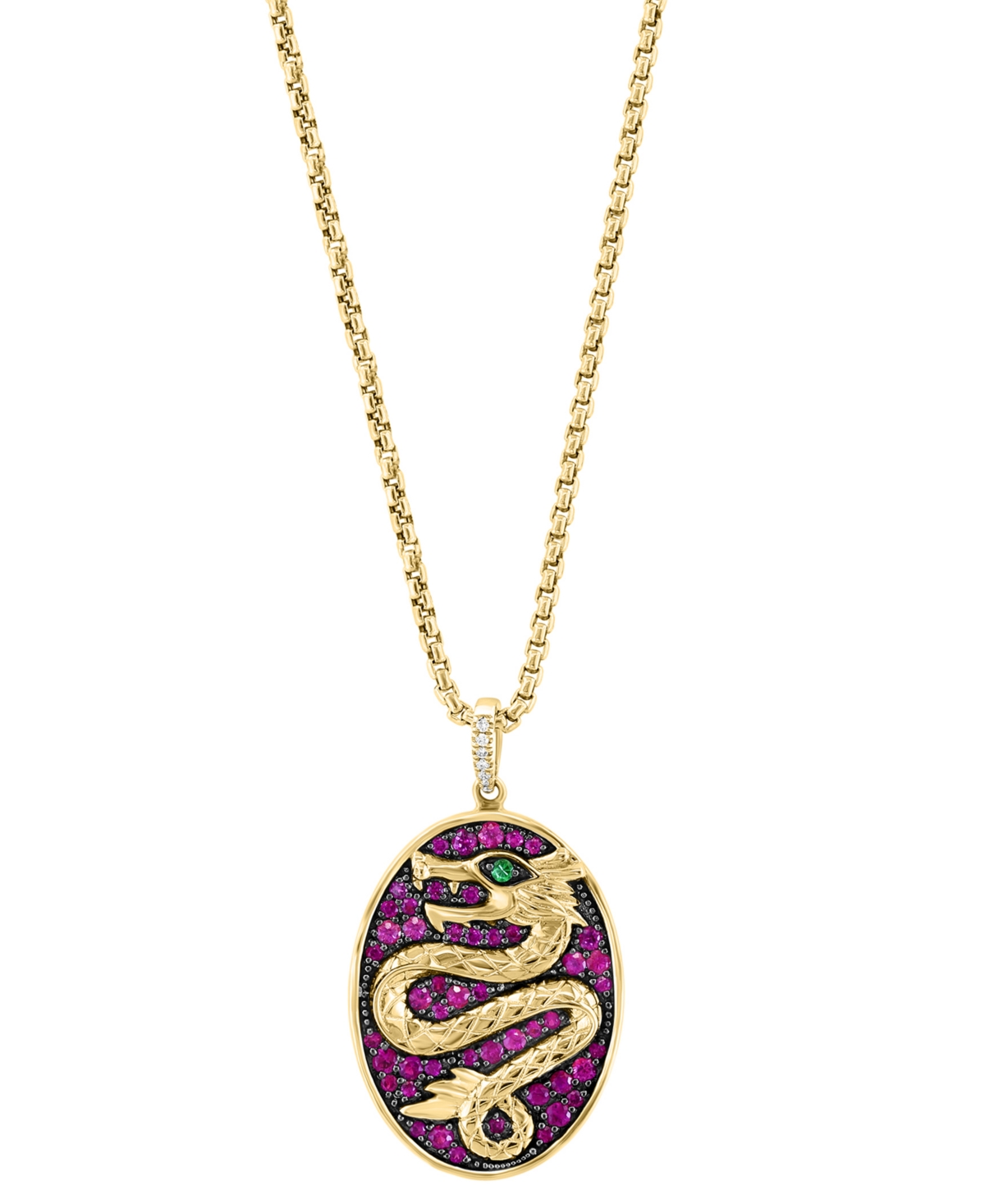 Effy Men's Ruby (1 ct. t.w.), Tsavorite Accent, & Diamond Accent Dragon Oval Disc 22" Pendant Necklace in Gold-Plated Silver - Yellow Gol