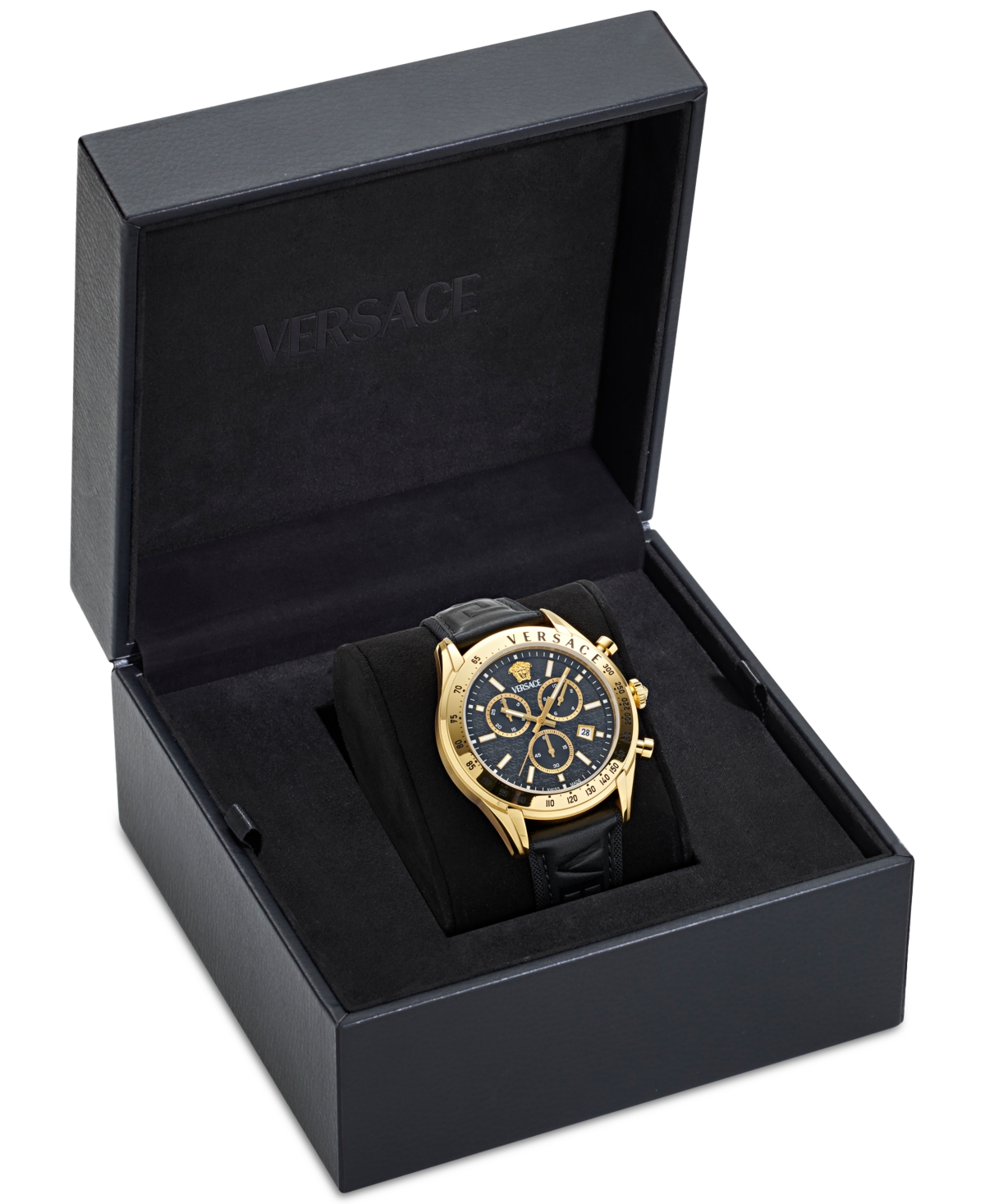 Shop Versace Men's Swiss Chronograph Black Leather Strap Watch 44mm In Gold