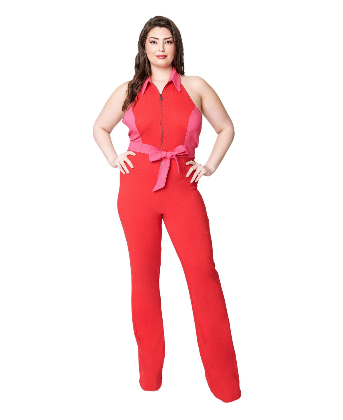 Plus Size Red & Pink Heart Pocket Front Zip Halter Jumpsuit - Red/pink