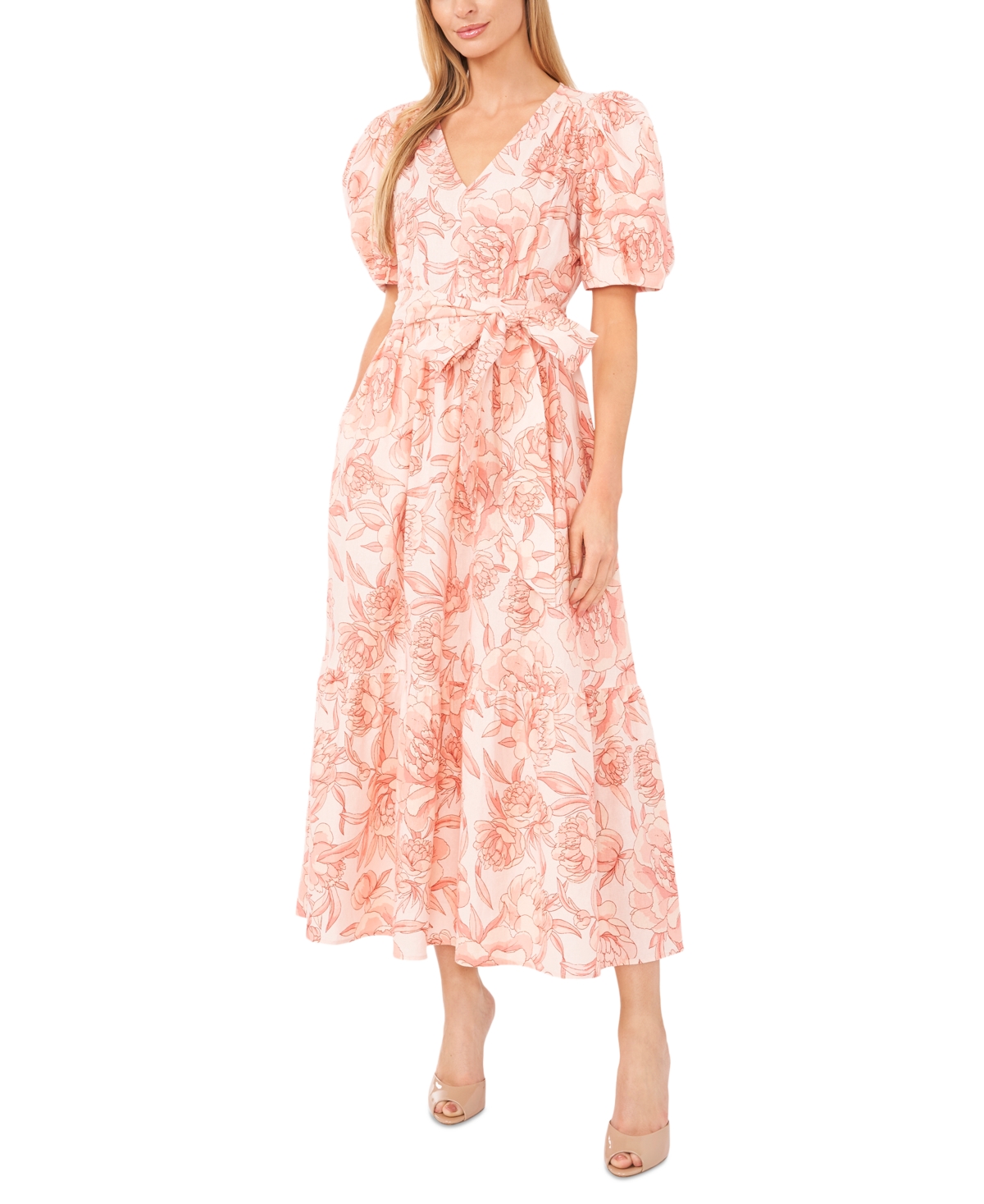 Women's Floral Puff-Sleeve Tie-Front Maxi Dress - Sweet Rose