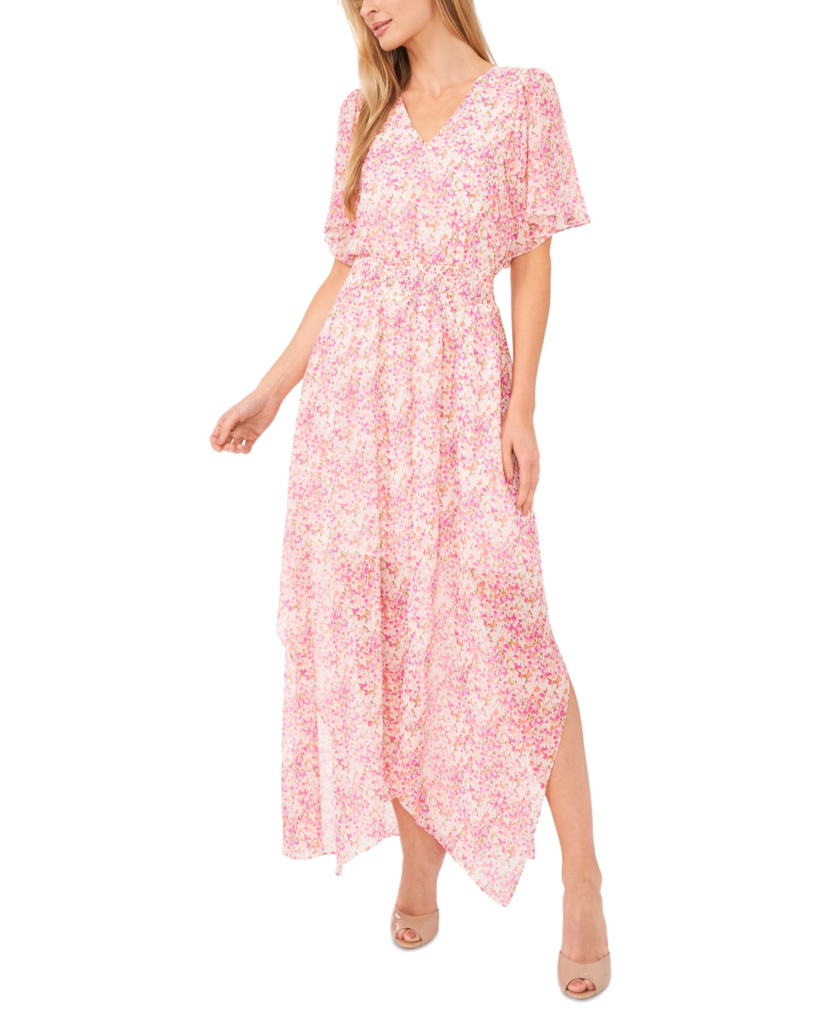 Women's Ditsy Floral Smocked-Waist Flutter-Sleeve Maxi Dress - Peach Coral