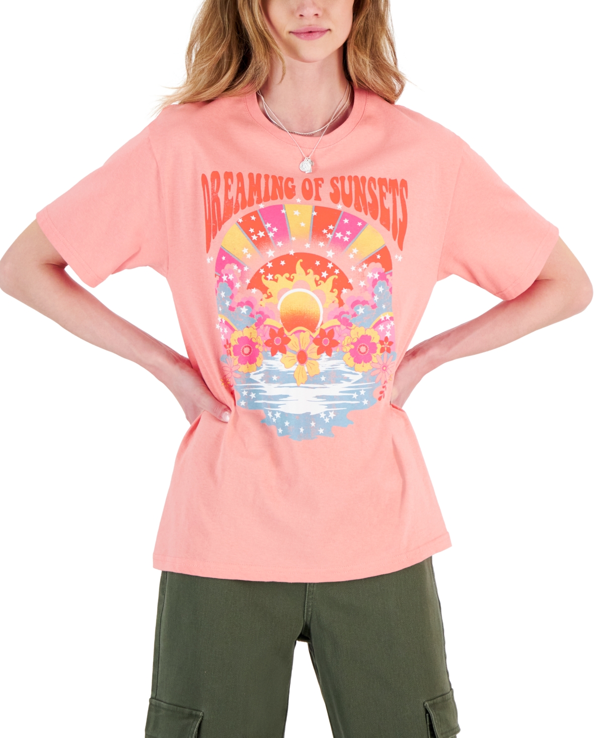 Juniors' Sunset Dreams Cotton Graphic T-Shirt - Calypso Coral