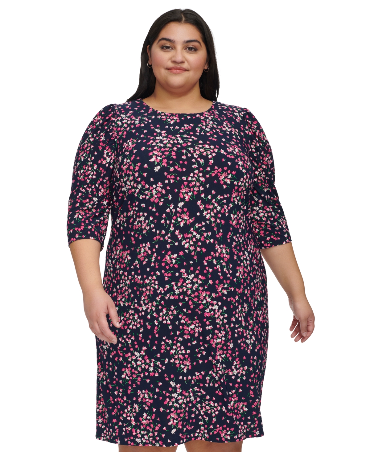 Shop Tommy Hilfiger Plus Size Floral 3/4-sleeve Jersey Dress In Skycapt,ht