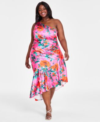 Plus Size Printed Asymmetric Neck One Shoulder Dress